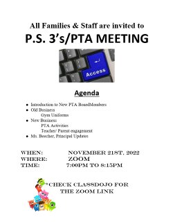 PTA Meeting November 21 at 7pm